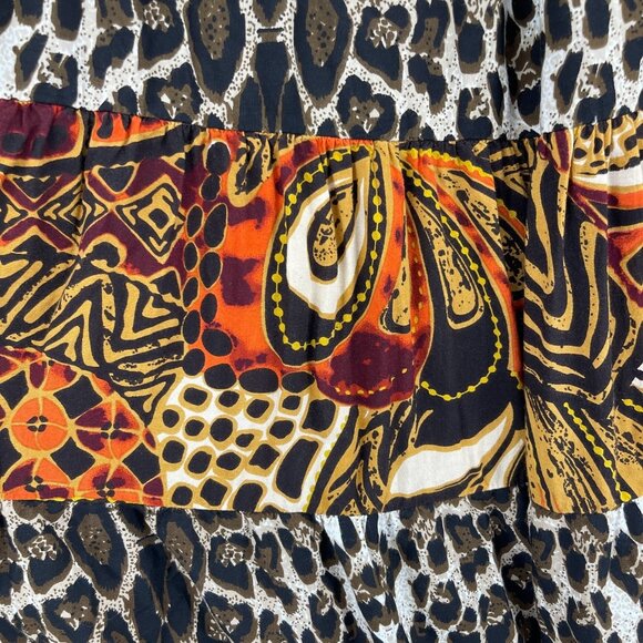 Vintage Leopard Animal Print Batik A Line Maxi Skirt Brown Orange - Picture 3 of 10